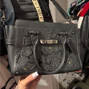 Coach Dark Gray Floral Embossed Satchel